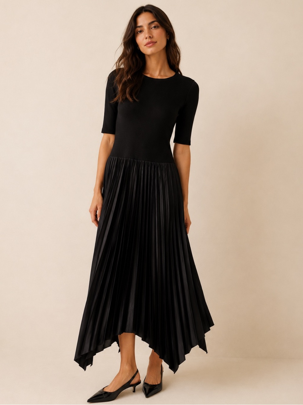 GAP Black Mixed Media Pleated Handkerchief Hem Midi Dress S